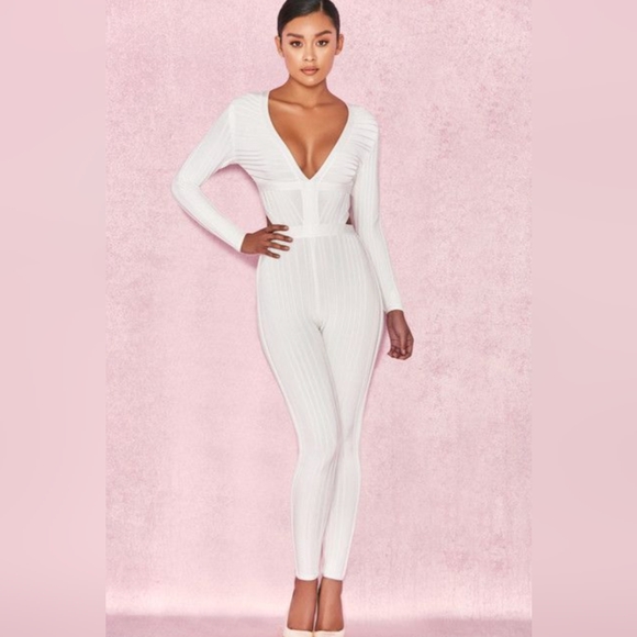 House of CB Pants - House of CB Arya White Long Sleeve Plunge Neck Stretch Texture Pant Jumpsuit- S